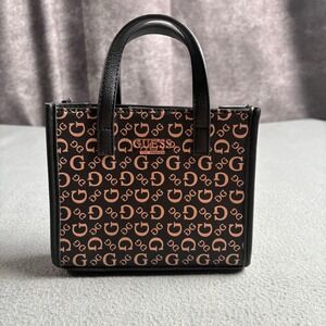 Guess Los Angeles Mini Tote Bag Black Rose Gold Logo Print Handbag Small Purse